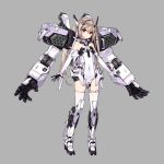  1girl armor bare_shoulders boots brown_hair covered_navel elbow_gloves exoskeleton gloves hair_ornament highres kuro_(kuronell) leotard long_hair mecha mechanical_arm original outstretched_arms red_eyes ribbon solo strapless strapless_leotard thigh-highs thigh_strap twintails white_legwear 