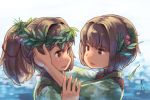  2girls brown_hair commentary_request hair_ribbon hands_on_another&#039;s_face hyuuga_(kantai_collection) ise_(kantai_collection) japanese_clothes kantai_collection leaf leaf_on_head long_hair multiple_girls nontraditional_miko ocean ponytail red_ribbon ribbon seshiya short_hair smile twitter_username undershirt upper_body wreath 