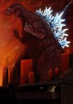  1girl city godzilla godzilla_(series) kaijuu lightning roaring size_difference 