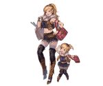  2girls bag blonde_hair boots bracelet breasts brown_eyes brown_hair cleavage earrings food full_body fur_trim granblue_fantasy hair_ornament hairclip high_heel_boots high_heels jewelry long_hair midriff minaba_hideo miniskirt mother_and_daughter multicolored_hair multiple_girls navel nene_(granblue_fantasy) official_art ponytail skirt thigh-highs transparent_background two-tone_hair yae_(granblue_fantasy) 