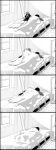  1boy 1girl 4koma absurdres barefoot bed blanket bookshelf comic couple cuddling greyscale headphones hetero highres kurusu_akira long_hair lying_on_person monochrome persona persona_5 pillow sakura_futaba short_shorts shorts silent_comic sleeping slippers slippers_removed under_covers waking_another window yonedamai 