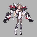  1girl armor bare_shoulders black_legwear boots brown_hair covered_navel exoskeleton gloves hair_ornament highres kuro_(kuronell) leotard long_hair mecha mechanical_arm original outstretched_arms pantyhose red_eyes ribbon solo strapless strapless_leotard thigh_strap twintails 