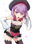  1girl bare_shoulders blush detached_sleeves fate/grand_order fate_(series) flat_chest hat helena_blavatsky_(fate/grand_order) highres leaning_forward looking_at_viewer open_mouth panties pantyshot purple_hair short_hair solo star strapless tachi_(mtd) tree_of_life underwear violet_eyes white_background 