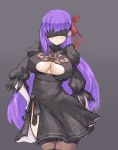  1girl bb_(fate/extra_ccc) blindfold breasts cleavage cosplay covered_navel depo_(typebaby505) fate/extra fate/extra_ccc fate_(series) grey_background hand_on_hip highres medium_breasts nier_(series) nier_automata purple_hair simple_background skirt solo thighs wide_hips yorha_no._2_type_b yorha_no._2_type_b_(cosplay) 