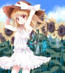  1girl alternate_costume bare_arms blonde_hair bow cowboy_shot day dress flandre_scarlet flower hat hat_bow long_hair looking_at_viewer misoshiru_(meridianchild312) outdoors red_eyes solo standing summer sundress sunflower touhou white_bow white_dress wings 