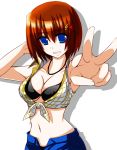  1girl bare_shoulders bikini black_bikini blue_eyes breasts brown_hair engo_(aquawatery) front-tie_top grin hair_ornament hand_behind_head highres jewelry large_breasts lyrical_nanoha midriff navel necklace outstretched_arm short_hair sleeveless smile solo swimsuit under_boob v yagami_hayate 