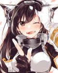  1girl admiral_(kantai_collection) black_gloves black_hair brown_eyes close-up gloves hand_on_another&#039;s_head headgear kantai_collection karomura long_hair nagato_(kantai_collection) one_eye_closed open_mouth partly_fingerless_gloves remodel_(kantai_collection) smile solo_focus upper_body white_gloves 