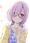  1girl alternate_costume black-framed_eyewear blue_dress blush cherry_blossoms closed_mouth collarbone dress fate/grand_order fate_(series) glasses hair_over_one_eye holding hood hoodie looking_at_viewer open_clothes open_hoodie petals plaid plaid_dress purple_hair shielder_(fate/grand_order) short_hair smile solo ueno_tomo upper_body violet_eyes 