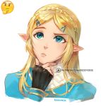  1girl artist_name blonde_hair blue_eyes chin_stroking commentary emoji fingerless_gloves gloves hair_ornament hairclip hand_on_own_chin looking_to_the_side patreon_username pointy_ears princess_zelda reddverse simple_background solo the_legend_of_zelda the_legend_of_zelda:_breath_of_the_wild thinking upper_body white_background 