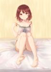  1girl atelier_(series) atelier_sophie barefoot blush_stickers breasts brown_eyes brown_hair camisole character_print cleavage closed_mouth collarbone eyebrows_visible_through_hair feet full_body head_tilt highres knees_together_feet_apart looking_at_viewer maka_neko medium_breasts panties puni_(atelier) shorts sitting smile soles solid_oval_eyes solo sophie_neuenmuller strap_pull toes underwear white_panties yellow_shorts 