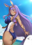  1girl ass bare_shoulders bikini blush bracelet breasts butt_crack collarbone competition_swimsuit cowboy_shot dark_skin day dutch_angle earrings facial_mark fate/grand_order fate_(series) from_behind hairband highres hoop_earrings jewelry large_breasts long_hair looking_at_viewer medjed nitocris_(fate/grand_order) ocean one-piece_swimsuit outdoors purple_hair sidelocks sky smile swimsuit thighs twisted_torso untsue very_long_hair violet_eyes water white_bikini 