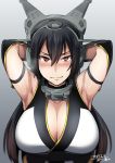  1girl arms_behind_head black_gloves black_hair blush breasts cleavage elbow_gloves gloves headgear ikeshita_moyuko kantai_collection large_breasts long_hair looking_at_viewer nagato_(kantai_collection) red_eyes simple_background solo upper_body white_background 
