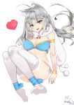  1girl 2017 absurdres ahoge animal_ears ankle_ribbon armlet arms_at_sides bangs bare_shoulders bikini blue_bikini blue_eyes blue_ribbon blush bracelet breasts brooch cat_ears cleavage commentary_request dated eyebrows_visible_through_hair fang full_body fur heart highres jewelry lace lace-trimmed_thighhighs lace_trim large_breasts lips long_hair looking_at_viewer open_mouth original peng_yong pink_lips pom_pom_(clothes) ribbon side-tie_bikini signature silver_hair simple_background skindentation smile solo string_bikini swimsuit thigh-highs white_background white_legwear 