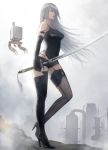  1girl android arm_at_side armlet bangs bare_shoulders black_boots black_gloves black_legwear black_shorts blue_eyes boots breasts clouds cloudy_sky collarbone day drone elbow_gloves eyebrows_visible_through_hair floating full_body gloves high_heel_boots high_heels highleg_shorts highres holding holding_sword holding_weapon katana leg_up legs_apart lips long_hair looking_away machinery medium_breasts niedola nier_(series) nier_automata no_mole one_leg_raised open_mouth outdoors pink_lips pod_(nier_automata) robot robot_joints shadow shirt short_shorts shorts silo silver_hair skin_tight sky sleeveless solo standing standing_on_one_leg swept_bangs sword tank_top tassel taut_clothes taut_shirt thigh-highs thigh_boots very_long_hair weapon yorha_type_a_no._2 
