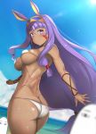  1girl ass bare_shoulders bikini blush bracelet breasts butt_crack collarbone cowboy_shot dark_skin day dutch_angle earrings facial_mark fate/grand_order fate_(series) from_behind hairband highres hoop_earrings jewelry large_breasts long_hair looking_at_viewer medjed nitocris_(fate/grand_order) ocean one-piece_swimsuit outdoors purple_hair sidelocks sky smile swimsuit thighs twisted_torso untsue very_long_hair violet_eyes water white_bikini 