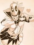  1boy bent_over bodysuit crossdressinging deadpool hair_ribbon half-closed_eye heart heart_hands highres male_focus marvel mask miniskirt monochrome pleated_skirt ribbon school_uniform serafuku skirt solo superhero traditional_media yokota_mamoru 