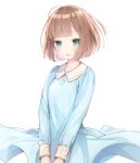 1girl arms_at_sides bangs blue_dress blunt_bangs blush bob_cut brown_hair dress eyebrows_visible_through_hair green_eyes light_smile original parted_lips short_hair simple_background solo upper_body usamito white_background 