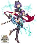  1girl bottle brave_girl_ravens breasts copyright_name dress frills full_body gloves glowing glowing_weapon green_eyes hairband heterochromia holding holding_weapon horosuke_(toot08) juliet_sleeves katana large_breasts logo long_sleeves looking_at_viewer looking_back official_art panties puffy_sleeves purple_hair ribbon sheath short_dress short_hair short_sleeves simple_background skirt smile solo sparkle standing sword thigh-highs underwear violet_eyes weapon zettai_ryouiki 