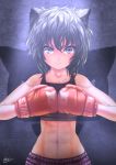  &gt;:) 1girl abs animal_ears bangs bare_arms bare_shoulders black_hair blue_eyes blush boxing_gloves cat_ears cat_girl closed_mouth clothes_writing collarbone commentary_request crop_top hair_between_eyes keane912 looking_at_viewer navel original signature sleeveless smile solo spotliht stomach toned upper_body 