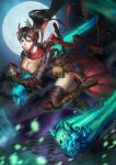  1girl black_hair breasts claws cleavage full_body full_moon ghost hair_ornament highres katana long_hair looking_at_viewer moon night night_sky oni oni_horns ponytail purple_legwear red_scarf scarf shoulder_spikes skull sky sola_(sgt_smile) solo spikes sword weapon yellow_eyes 