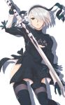  1girl back_cutout black_boots black_dress black_hairband boots cleavage_cutout commentary_request dress egooo feather-trimmed_sleeves hairband highleg highleg_leotard holding holding_sword holding_weapon juliet_sleeves leotard long_sleeves mole mole_under_mouth nier_(series) nier_automata no_blindfold pink_lips puffy_sleeves ribbed_dress short_hair silver_hair solo sword thigh-highs thigh_boots thighhighs_under_boots vambraces weapon weapon_on_back white_leotard yorha_no._2_type_b 