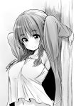  1girl arms_up bangs blush braid breasts camisole closed_mouth eyebrows_visible_through_hair greyscale highres jacket kojima_kana large_breasts looking_at_viewer low_ponytail monochrome nande_koko_ni_sensei_ga!? navel open_clothes open_jacket side_braid side_ponytail smile soborou solo upper_body 