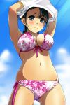  1girl arms_up bikini black_eyes black_hair blush breasts clouds cloudy_sky cowboy_shot eyebrows_visible_through_hair highres large_breasts looking_at_viewer matsunaga_kouyou original parted_lips pink_bikini sky solo swimsuit tan undressing 