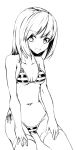  1girl :d bangs bikini comah erect_nipples eyebrows_visible_through_hair greyscale long_hair looking_at_viewer monochrome navel open_mouth original side-tie_bikini simple_background sitting smile solo striped striped_bikini swimsuit thigh-highs thighs 