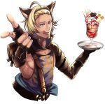  1boy ahoge asahi_man&#039;you beard blonde_hair blue_eyes dark_skin erun_(granblue_fantasy) facial_hair fingerless_gloves food gloves granblue_fantasy hairband ice_cream lowain_(granblue_fantasy) male_focus one_eye_closed simple_background solo tongue tongue_out upper_body white_background 