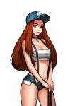  1girl bandeau bare_shoulders baseball_cap black_choker blue_hat blue_shorts breasts brown_eyes buckle character_request choker cleavage closed_mouth commentary cowboy_shot denim denim_shorts hands_together hat highres hyper_universe jewelry jungon_kim large_breasts lips long_hair looking_at_viewer navel pendant red_lips redhead short_shorts shorts simple_background skull solo standing stomach suspender_shorts suspenders thick_eyebrows thighs v_arms very_long_hair white_background 