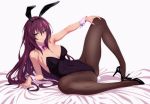  1girl absurdres animal_ears breasts brown_eyes brown_legwear bunny_girl bunny_tail cleavage closed_mouth detached_collar fake_animal_ears fate/grand_order fate_(series) fingernails full_body gluteal_fold hairband high_heels highres large_breasts leotard lips long_fingernails long_hair looking_at_viewer lying nail_polish on_side pantyhose purple_hair rabbit_ears scathach_(fate/grand_order) smile solo tail tsurime ulrich_(tagaragakuin) wrist_cuffs 