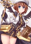  1girl armor artist_request blue_eyes blush brown_hair fingerless_gloves gloves hair_ornament hat highres holding long_sleeves lyrical_nanoha mahou_shoujo_lyrical_nanoha mahou_shoujo_lyrical_nanoha_strikers puffy_sleeves schwertkreuz skirt smile solo staff tome_of_the_night_sky wings x_hair_ornament yagami_hayate 