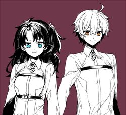  1boy 1girl ahoge arms_at_sides black_hair blue_eyes fate/grand_order fate_(series) female fujimaru_ritsuka_(female) fujimaru_ritsuka_(male) genderswap genderswap_(ftm) genderswap_(mtf) long_hair looking_at_viewer male one_side_up purple_background short_hair simple_background smile spot_color uniform upper_body yamabukiiro yellow_eyes 