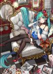  1girl absurdly_long_hair aqua_eyes aqua_hair black_legwear checkered checkered_floor copyright_name crown cushion earrings flower garter_straps globe gloves hair_flower hair_ornament hatsune_miku high_heels honnou_(kjs9504) jewelry long_hair mini_crown mirror petals red_shoes shoes sitting solo thigh-highs twintails very_long_hair vocaloid white_gloves world_is_mine_(vocaloid) 