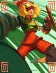  1girl absurdres arms_(game) artist_name bangs beanie bike_shorts blonde_hair chinese_clothes facepaint food green_eyes hat highres legwear_under_shorts looking_at_viewer mask min_min_(arms) noodles short_hair shorts solo 