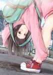  1girl atelier2nd backpack bag bangs bent_over blush brown_eyes brown_hair cardigan closed_mouth converse light_smile long_hair long_sleeves looking_at_viewer manhole manhole_cover original outdoors pink_legwear railing ribbed_legwear shoes sneakers socks solo upside-down 