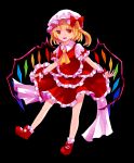  1girl :d ascot blonde_hair bow crystal embellished_costume flandre_scarlet frilled_shirt frilled_shirt_collar frilled_skirt frilled_sleeves frills full_body hat hat_bow looking_at_viewer mob_cap open_mouth puffy_short_sleeves puffy_sleeves red_bow red_eyes red_skirt red_vest sakipsakip shirt short_sleeves side_ponytail skirt smile solo touhou vest wings wrist_cuffs yellow_ascot 
