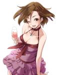  1girl breasts brown_eyes brown_hair commentary_request cup dress drinking_glass idolmaster idolmaster_cinderella_girls jewelry kawaty looking_at_viewer medium_breasts mizuki_seira necklace one_eye_closed short_hair simple_background smile solo white_background wine_glass 