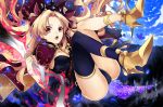  1girl absurdres bangs blonde_hair blue_legwear breasts cape ereshkigal_(fate/grand_order) falling fate/grand_order fate_(series) hand_up high_heels highres jewelry long_hair looking_at_viewer open_mouth outdoors parted_bangs petals red_eyes single_thighhigh small_breasts sogawa66 solo teeth thigh-highs thighs tohsaka_rin two_side_up very_long_hair 