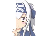  1girl ainu_clothes blue_eyes cropped_jacket eyebrows_visible_through_hair folded_ponytail headband kamoi_(kantai_collection) kantai_collection long_hair looking_at_viewer nagineko peeking_out sidelocks solo upper_body white_hair wrist_guards 