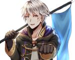  1boy cape fire_emblem fire_emblem:_kakusei fire_emblem_heroes flag gloves hood male_focus male_my_unit_(fire_emblem:_kakusei) my_unit_(fire_emblem:_kakusei) open_mouth short_hair smile solo white_background white_hair 