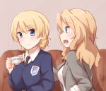  2girls arm_around_shoulder bangs black_necktie blazer blonde_hair blouse blue_eyes blue_sweater braid closed_mouth commentary_request couch cup darjeeling dress_shirt emblem girls_und_panzer grey_jacket highres holding jacket kapatarou kay_(girls_und_panzer) long_hair long_sleeves looking_at_another multiple_girls necktie open_clothes open_jacket open_mouth saunders_school_uniform school_uniform shirt short_hair sitting sleeves_rolled_up smile st._gloriana&#039;s_(emblem) st._gloriana&#039;s_school_uniform sweater teacup tied_hair twin_braids v-neck white_blouse white_shirt yuri 