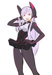  1girl bangs bodysuit breasts dress electro_alice hand_on_hip headgear ken_(koala) long_hair looking_at_viewer medium_breasts open_mouth original short_dress simple_background skin_tight solo violet_eyes white_background white_hair 