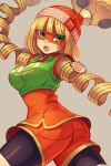  1girl arms_(game) bangs beanie blonde_hair chinese_clothes food green_eyes hat highres looking_at_viewer mask min_min_(arms) noodles open_mouth short_hair solo 