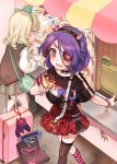  +_+ 2girls bar belt blonde_hair blush braid brown_eyes brown_legwear collar crepe drill_hair earrings eyepatch fake_horns fang food fruit hairband hayasaka_mirei heart heart_eyepatch highres idolmaster idolmaster_cinderella_girls jewelry kneehighs mismatched_legwear morikubo_nono multicolored_hair multiple_girls open_mouth plaid plaid_skirt purple_hair redhead ribbon short_hair side_braid single_braid skirt spiked_collar spikes strawberry streaked_hair striped striped_legwear stuffed_toy tagme thigh-highs tis_(shan0x0shan) two-tone_hair wrist_ribbon 