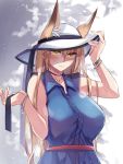  1girl animal_ears bare_arms bare_shoulders blonde_hair blue_dress blush breasts choker dress fox_ears fox_girl hat holding holding_hat large_breasts lips looking_at_viewer original sleeveless sleeveless_dress slit_pupils smile sun_hat upper_body yukibuster 