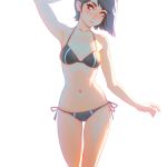  1girl bikini black_bikini black_hair blush collarbone ilya_kuvshinov original red_eyes short_hair simple_background solo standing swimsuit 