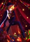  1girl blonde_hair boots box cape dark_excalibur fate/grand_order fate_(series) full_body fur_trim gift gift_box gloves hat highres looking_at_viewer saber saber_alter santa_alter santa_costume santa_hat sitting solo star sword tenmoon thigh-highs thigh_boots weapon yellow_eyes 