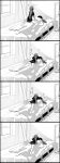  1boy 1girl 4koma absurdres barefoot bed blanket bookshelf comic greyscale headphones highres kurusu_akira long_hair lying_on_person monochrome morgana_(persona_5) persona persona_5 pillow sakura_futaba short_shorts shorts sitting sitting_on_person sleeping slippers slippers_removed translation_request under_covers waking_another window yonedamai 