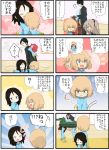  4koma aki_(girls_und_panzer) black_hair blonde_hair blue_eyes brown_hair carrying child_drawing climbing closed_eyes comic girls_und_panzer glasses ground_vehicle hair_ribbon hat highres hug jinguu_(4839ms) katyusha kindergarten kindergarten_uniform mika_(girls_und_panzer) mikko_(girls_und_panzer) military military_vehicle motor_vehicle nonna redhead ribbon rosehip shimada_arisu side_ponytail sitting sitting_on_person tank translation_request tsuji_renta younger 